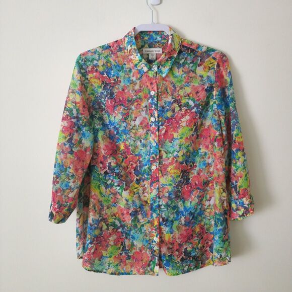 Coldwater Creek Tops - Coldwater Creek Womens Cotton-Silk Shirt Top Colorful 3/4 Sleeve Roll-Tab Size M